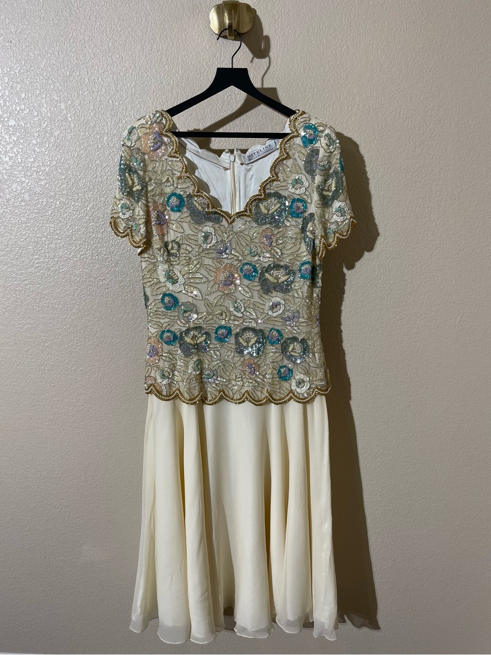 Vintage Niteline Cream Midi Dress with Multicolor Beaded Floral Bodice